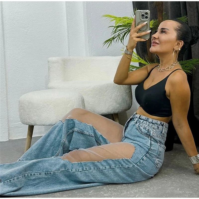 Pantalon vaquero de diseñador para mujer, pantalones vaqueros con paneles hasta la rodilla de malla transparente, pantalones de calle de cintura alta desgastados estilo Hip Hop