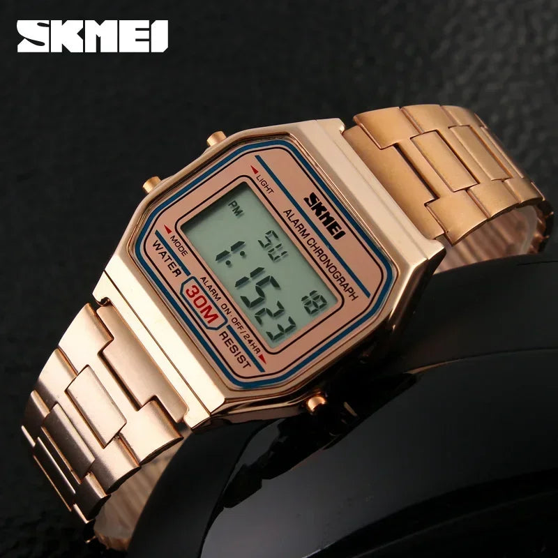 Reloj deportivo digital SKMEI para hombre, reloj de pulsera electrónico de acero inoxidable de lujo resistentes al agua
