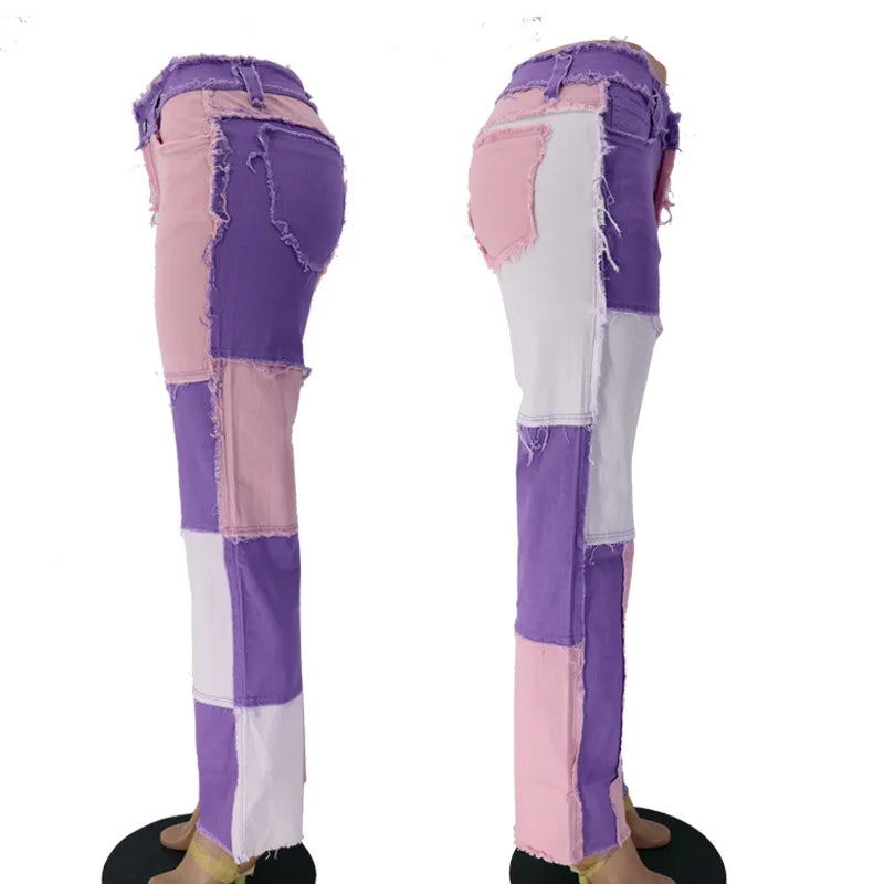 Pantalon jean de retazos de colores variados para mujer, vaqueros rectos de alta elasticidad a la moda, pantalones Hipster de calle