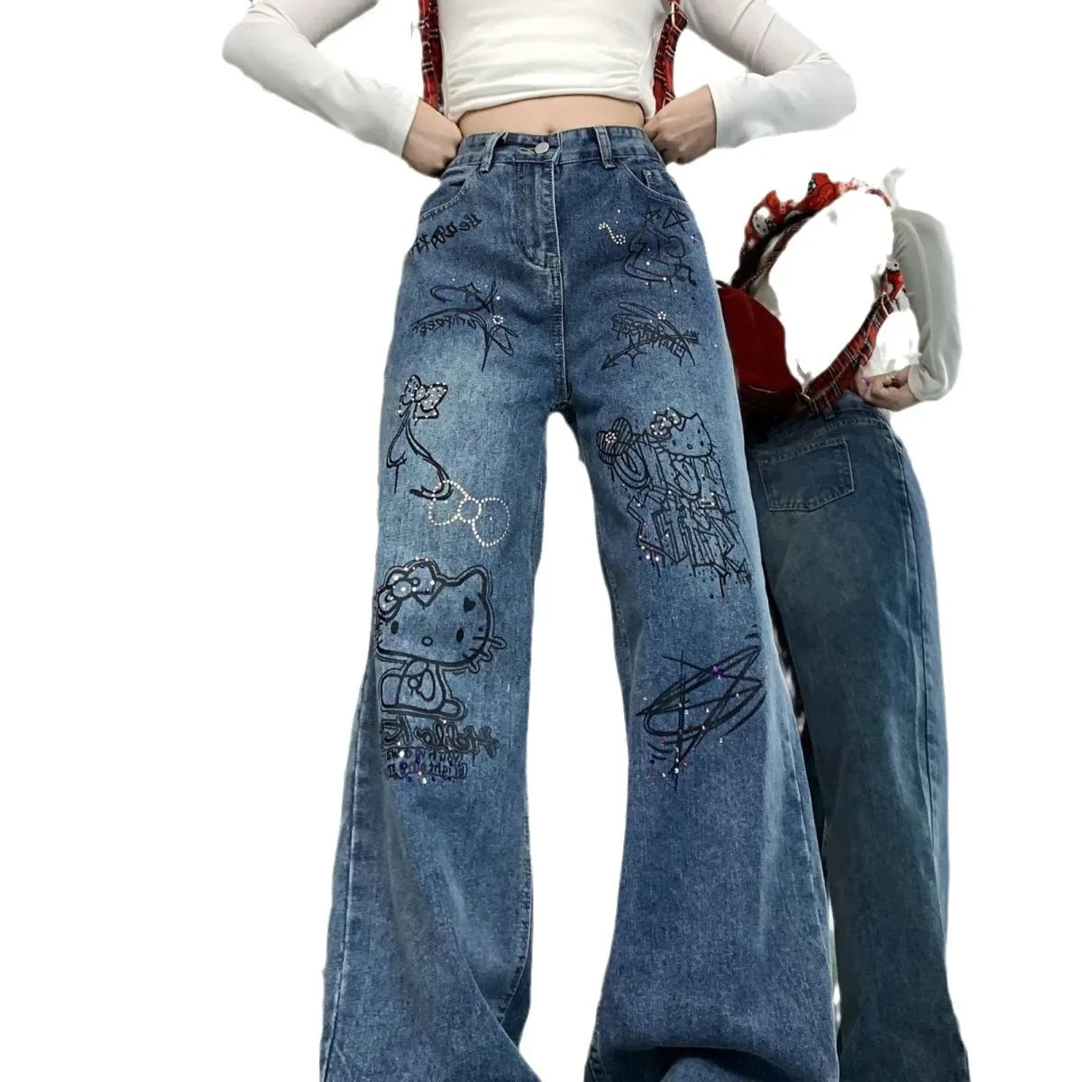 Pantalones vaqueros ajustados con diseño de grafiti azul lavado para mujer, pantalones informales con efecto adelgazante, a la moda