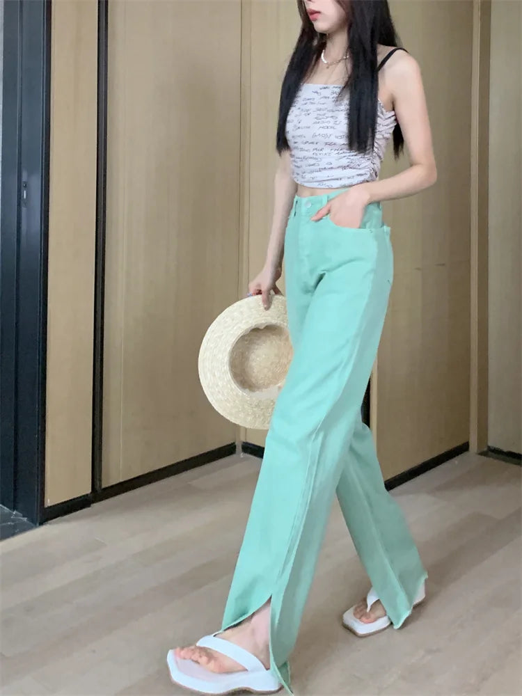 Pantalon Jean de tendencia para mujer, Pantalones vaqueros rasgados con hendidura casuales sueltos de pierna recta de cintura alta