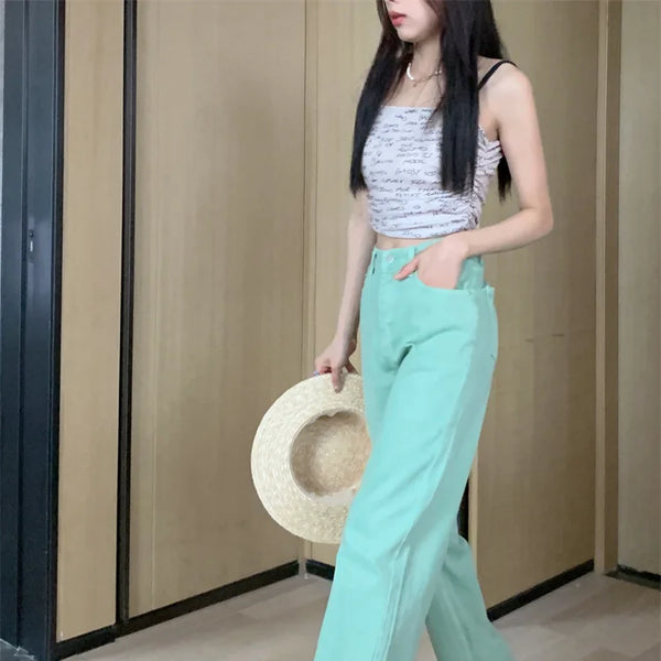 Pantalon Jean de tendencia para mujer, Pantalones vaqueros rasgados con hendidura casuales sueltos de pierna recta de cintura alta