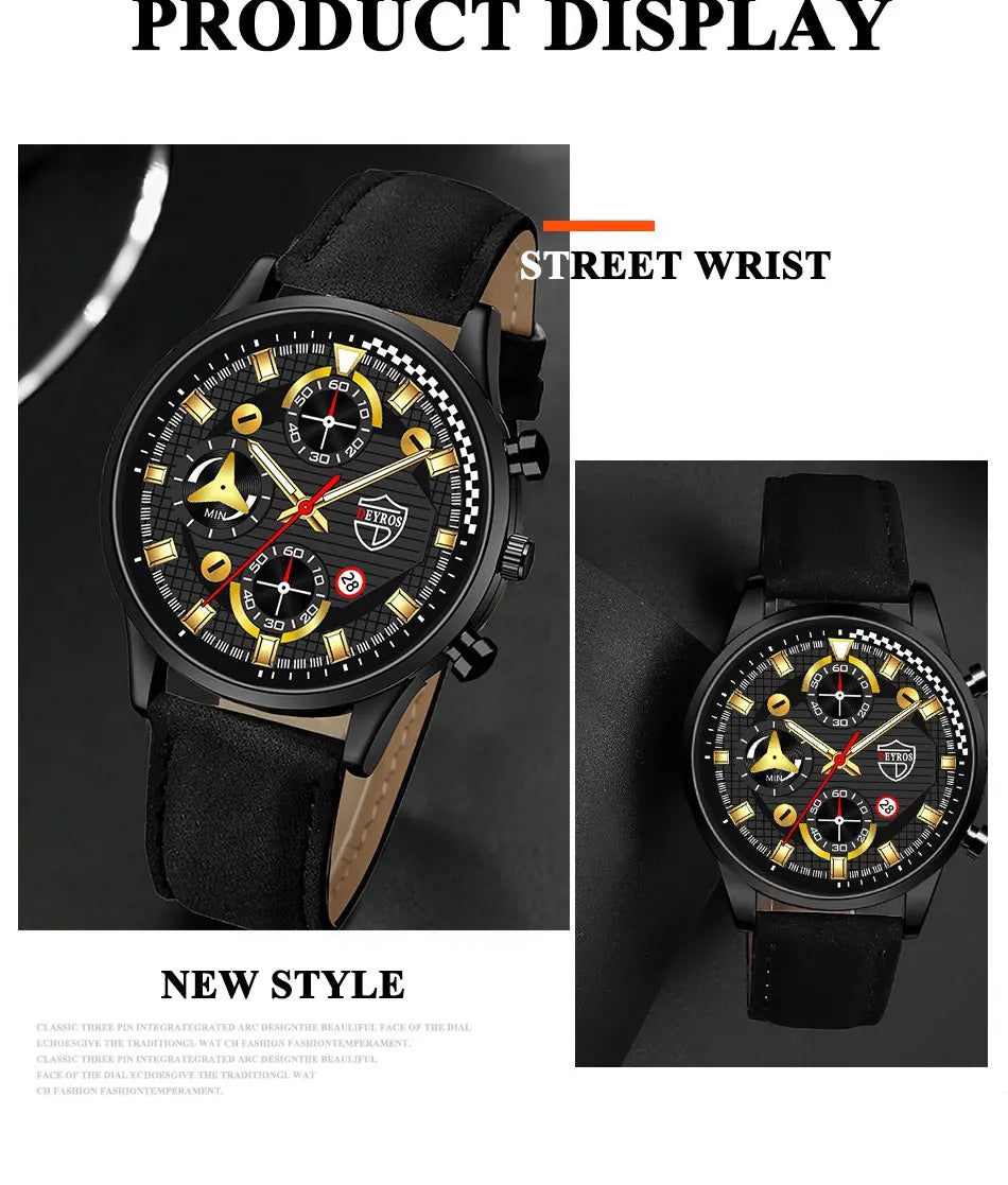 Conjunto de 3 piezas para hombre, reloj de pulsera de cuarzo, pulsera de cuero clásico, collar casual y divertido
