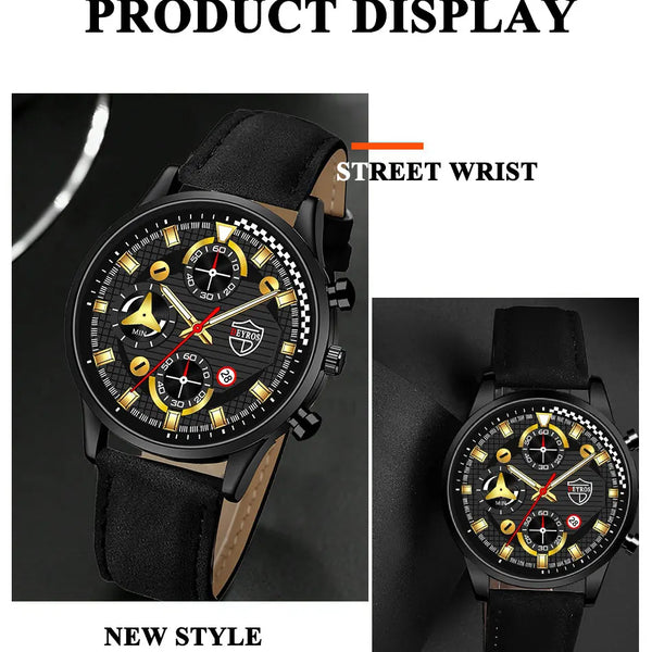 Conjunto de 3 piezas para hombre, reloj de pulsera de cuarzo, pulsera de cuero clásico, collar casual y divertido