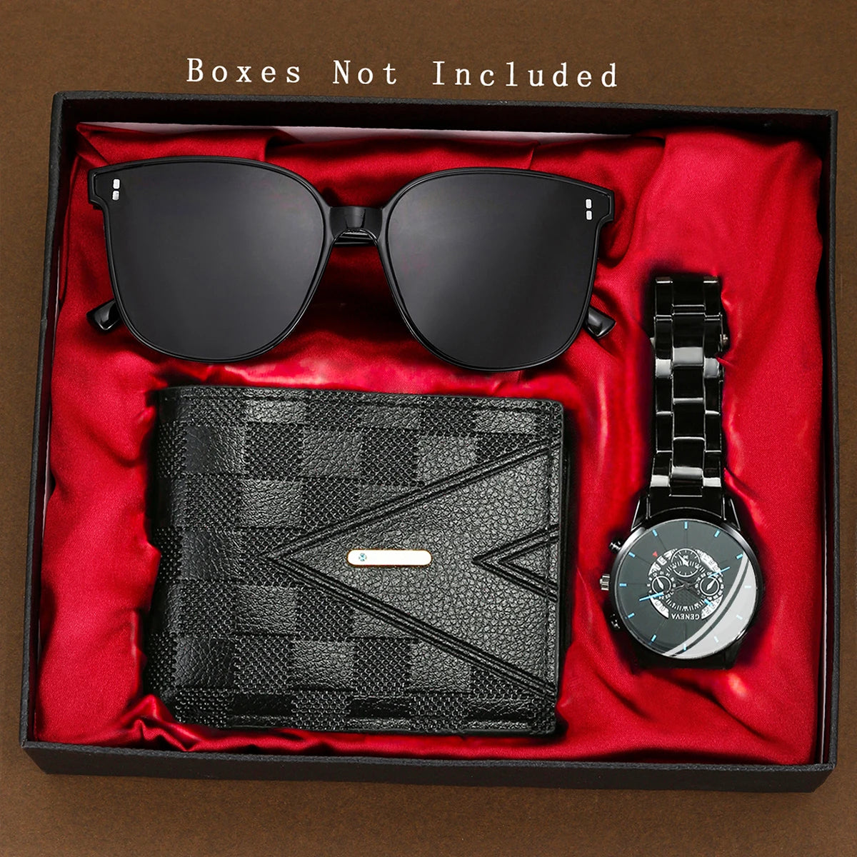 Reloj con banda de acero versátil para hombre, movimiento de cuarzo, gafas de sol, billetera, regalo perfecto para hombre 3 uds.