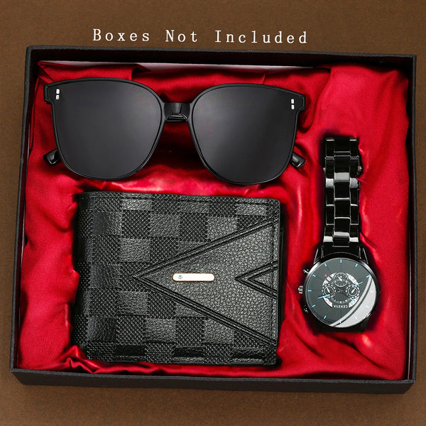 Reloj con banda de acero versátil para hombre, movimiento de cuarzo, gafas de sol, billetera, regalo perfecto para hombre 3 uds.