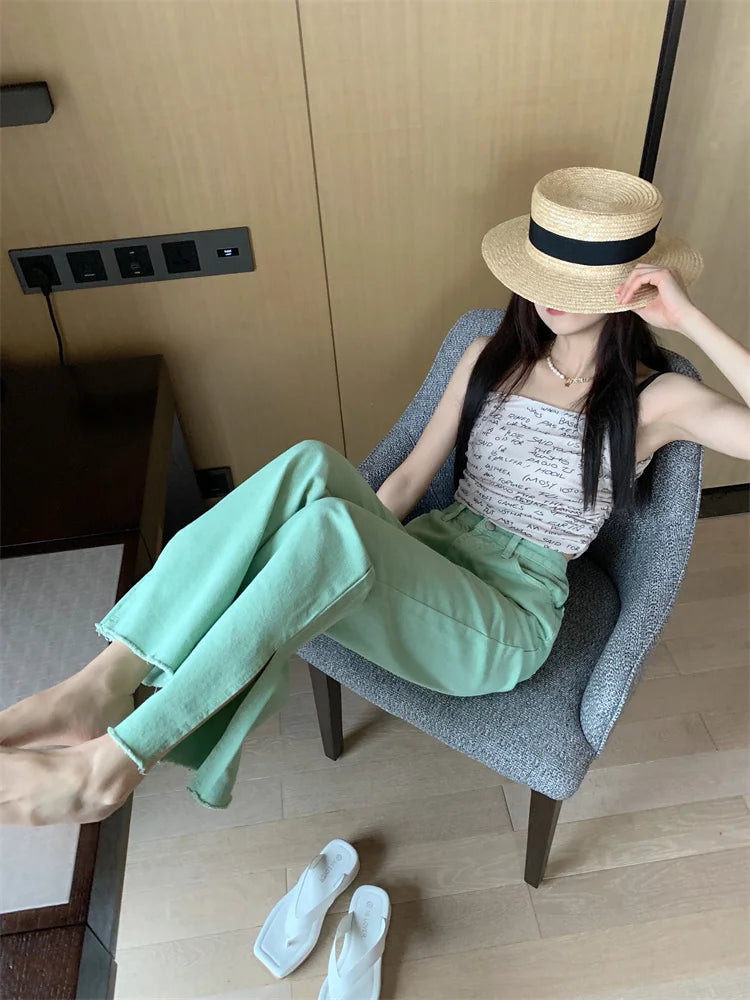 Pantalon Jean de tendencia para mujer, Pantalones vaqueros rasgados con hendidura casuales sueltos de pierna recta de cintura alta