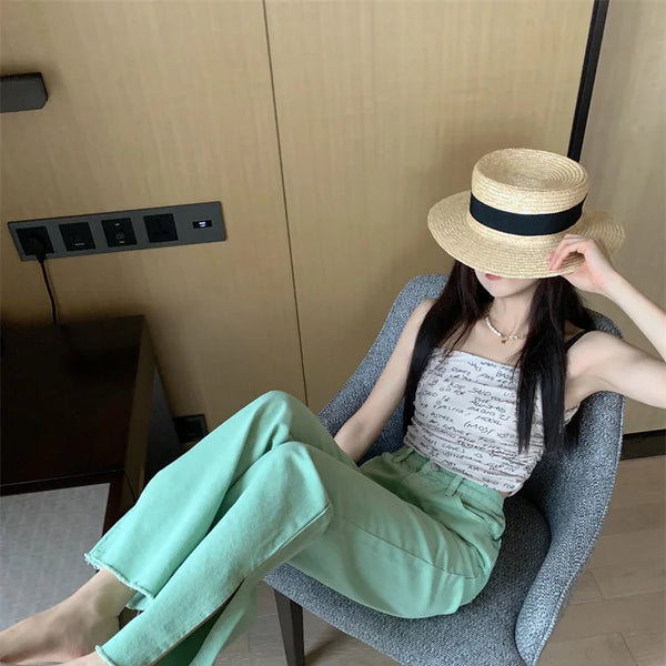 Pantalon Jean de tendencia para mujer, Pantalones vaqueros rasgados con hendidura casuales sueltos de pierna recta de cintura alta