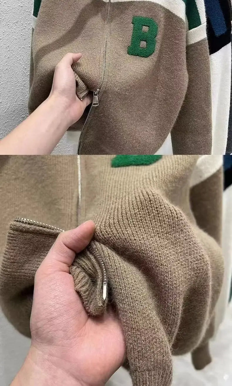 Cárdigan tejido con cuello de media altura y cremallera, suéter de retazos con letras, abrigo para hombre y mujer, Tops de moda de nueva tendencia para Otoño e Invierno