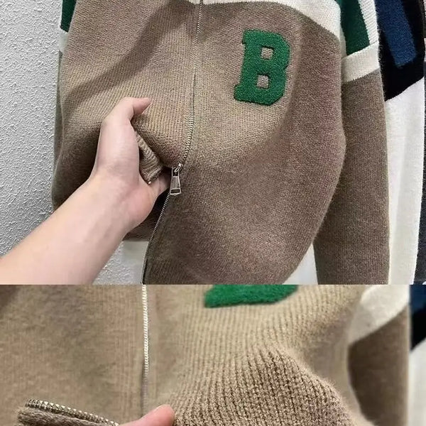 Cárdigan tejido con cuello de media altura y cremallera, suéter de retazos con letras, abrigo para hombre y mujer, Tops de moda de nueva tendencia para Otoño e Invierno