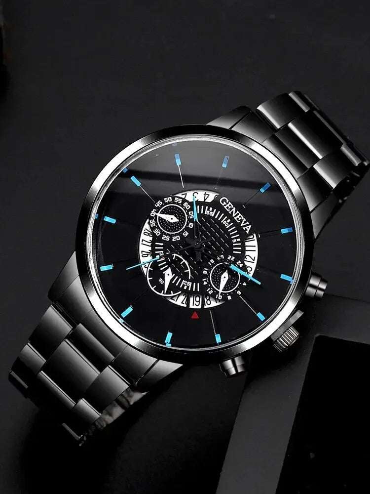 Reloj de pulsera para hombre, cronógrafo redondo de acero negro con calendario, a la moda, 2 piezas
