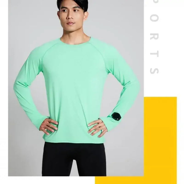 Camiseta para correr maratón para hombre, camiseta de manga larga Anti-UV de secado rápido para entrenamiento, traje de entrenamiento físico con agujero para el pulgar, puño antiestático