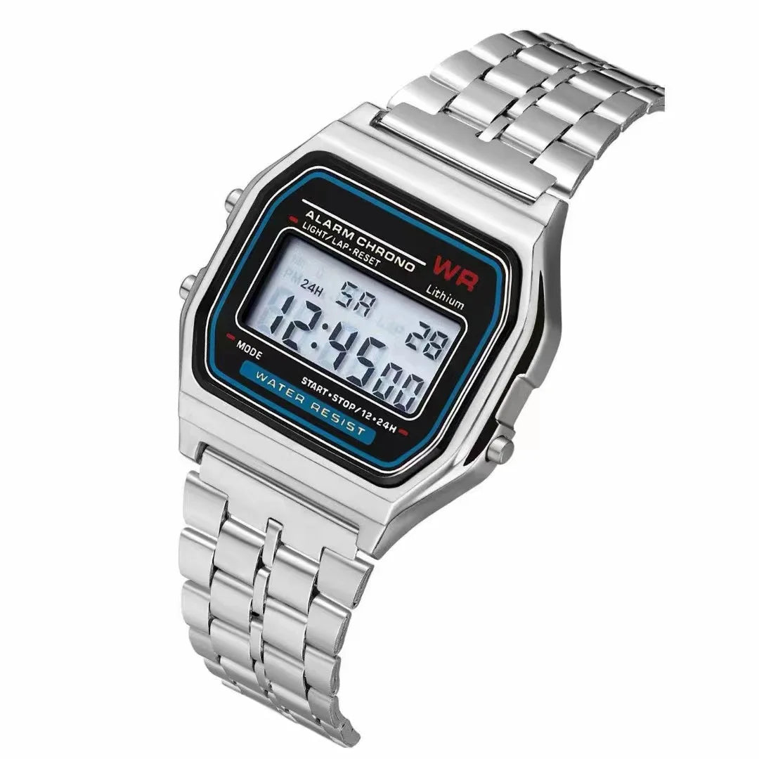 Reloj con correa de acero F91W, reloj de negocios para hombre, reloj de pulsera deportivo digital LED multifunción, reloj electrónico