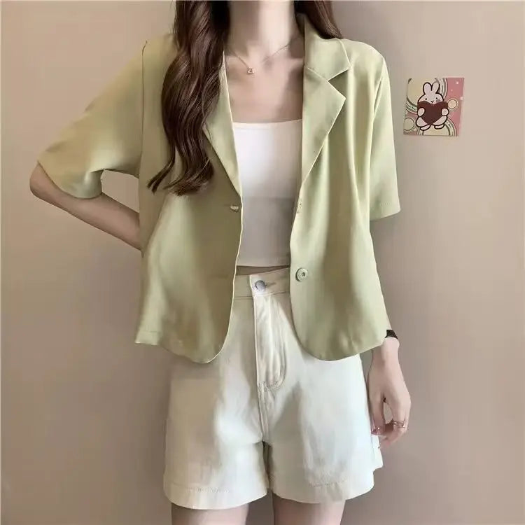 Chaqueta de traje de manga corta para mujer, Tops informales finos de nicho francés de verano 2025