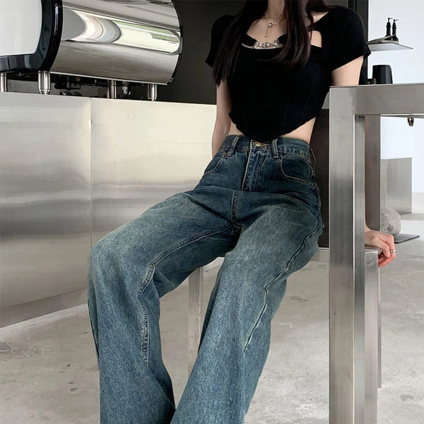 Pantalones vaqueros de pierna ancha para mujer, pantalón de pierna recta contrastante de cintura alta, pantalones sueltos de otoño para mujer, ropa de calle