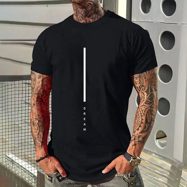 ¡Novedades 2025! Camiseta de manga corta negra pura con letras sencillas estampadas con cuello redondo, camiseta informal para hombre con temperamento para Calle