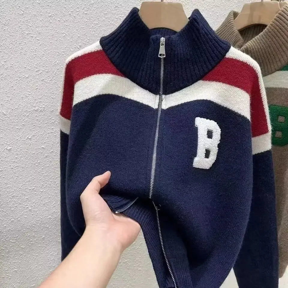 Cárdigan tejido con cuello de media altura y cremallera, suéter de retazos con letras, abrigo para hombre y mujer, Tops de moda de nueva tendencia para Otoño e Invierno