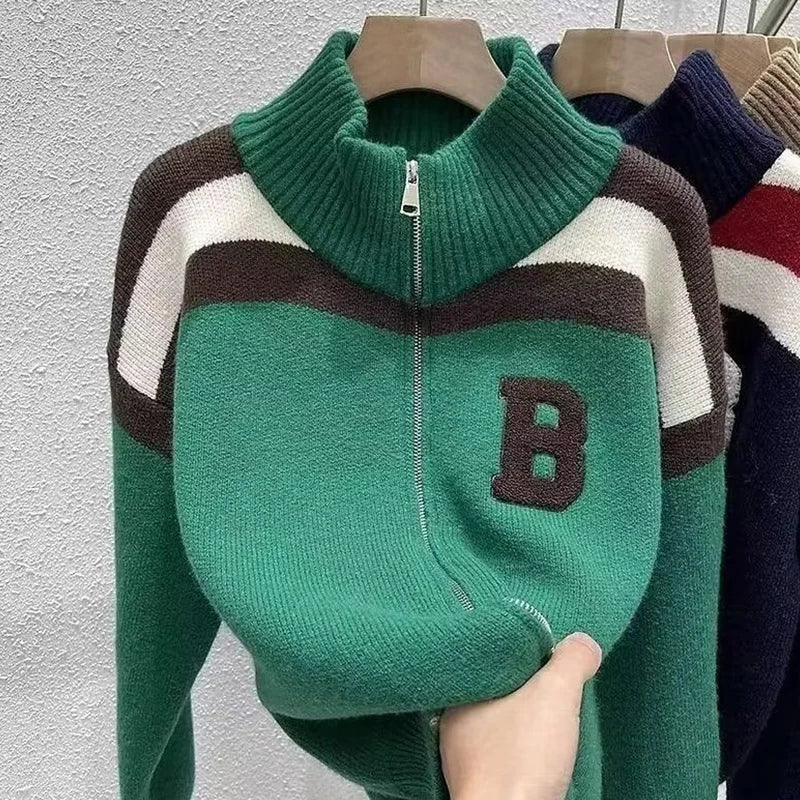 Cárdigan tejido con cuello de media altura y cremallera, suéter de retazos con letras, abrigo para hombre y mujer, Tops de moda de nueva tendencia para Otoño e Invierno