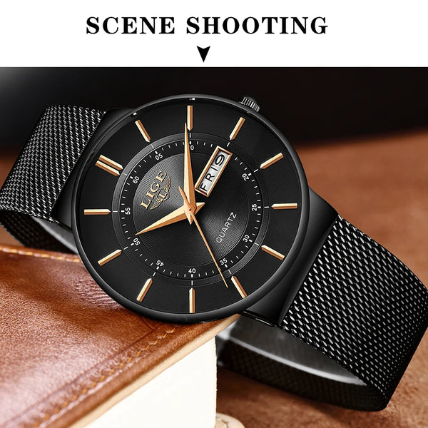 Reloj de lujo para hombre, reloj de fecha ultrafino resistente al agua, correa de acero, reloj de cuarzo informal