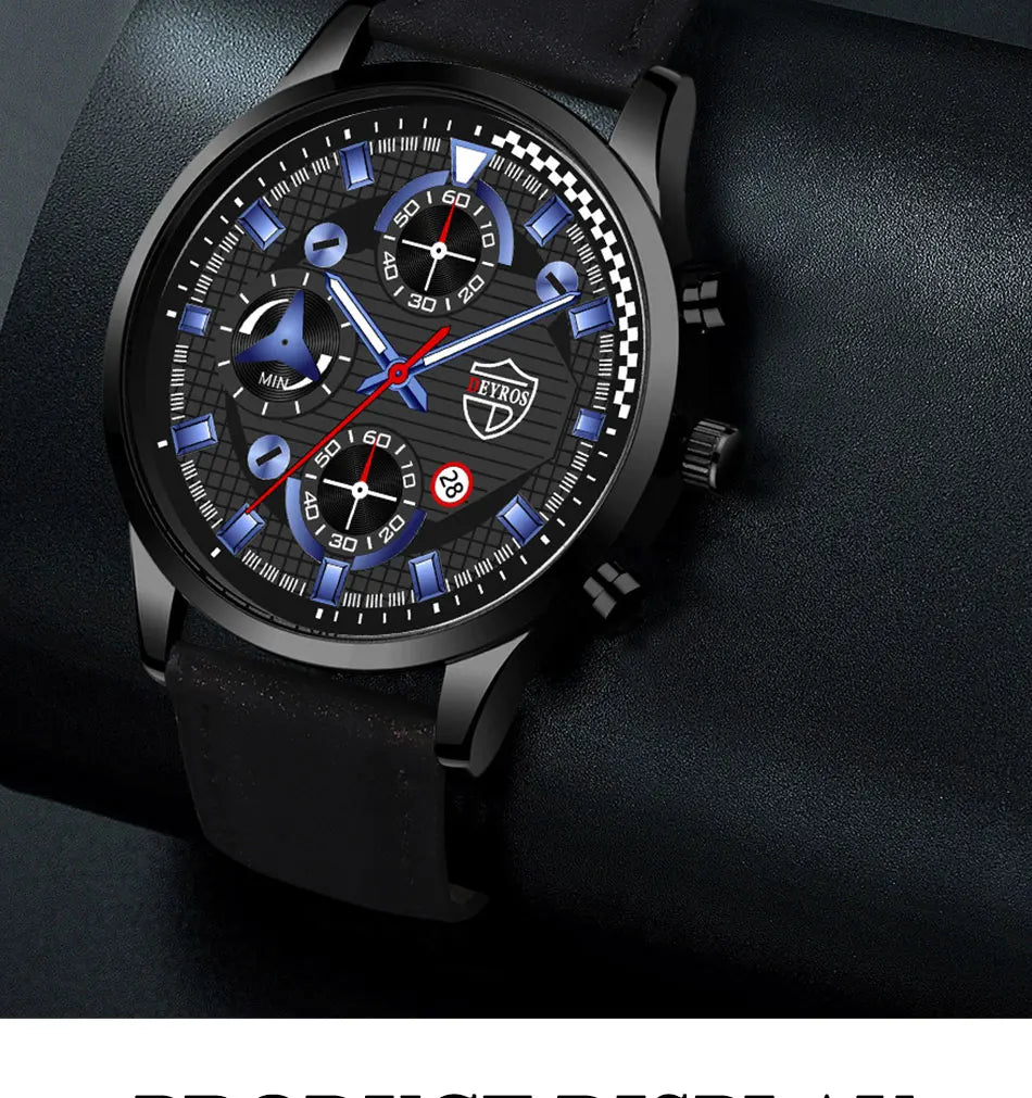 Conjunto de 3 piezas para hombre, reloj de pulsera de cuarzo, pulsera de cuero clásico, collar casual y divertido
