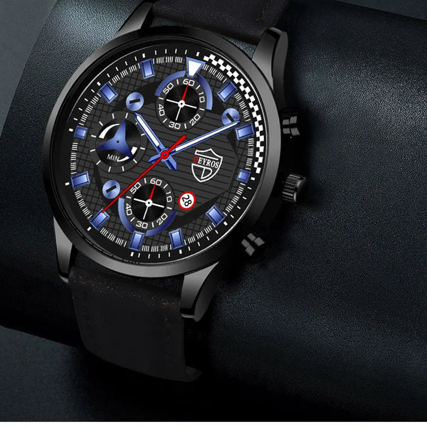 Conjunto de 3 piezas para hombre, reloj de pulsera de cuarzo, pulsera de cuero clásico, collar casual y divertido