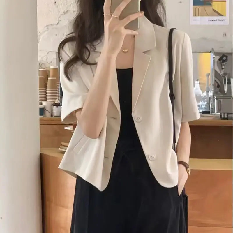 Chaqueta de traje de manga corta para mujer, Tops informales finos de nicho francés de verano 2025