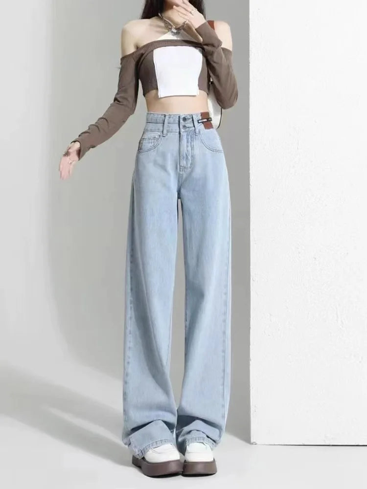 Pantalones vaqueros holgados Vintage para mujer, pantalon a la moda lisos de cintura alta