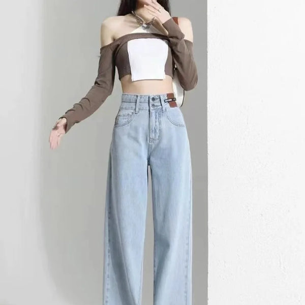 Pantalones vaqueros holgados Vintage para mujer, pantalon a la moda lisos de cintura alta