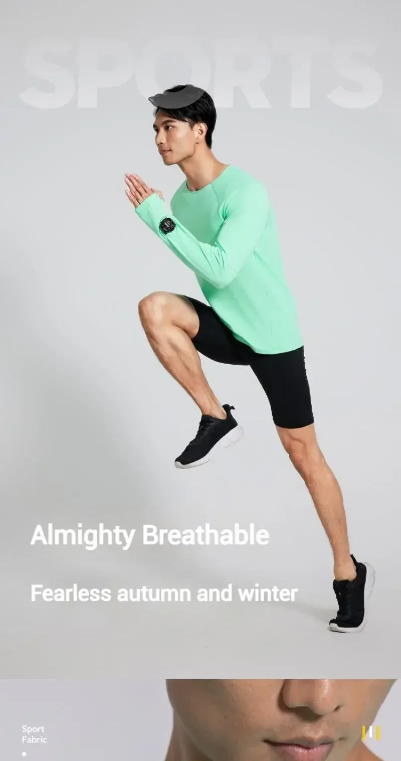 Camiseta para correr maratón para hombre, camiseta de manga larga Anti-UV de secado rápido para entrenamiento, traje de entrenamiento físico con agujero para el pulgar, puño antiestático