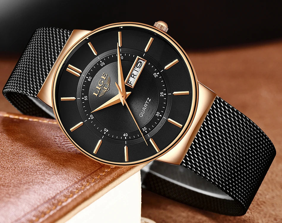 Reloj de lujo para hombre, reloj de fecha ultrafino resistente al agua, correa de acero, reloj de cuarzo informal