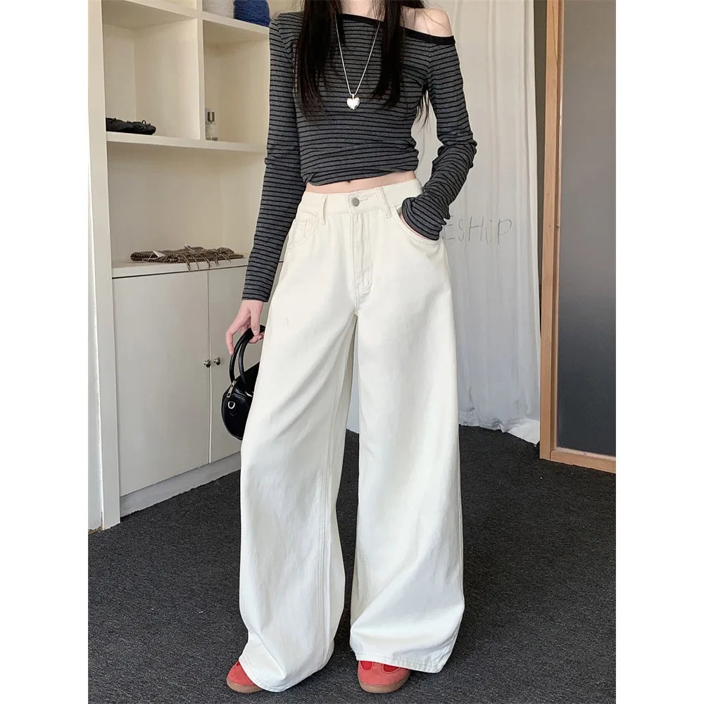 Pantalones vaqueros holgados blancos para mujer, nueva moda coreana informal Y2k, pantalones vaqueros holgados de cintura