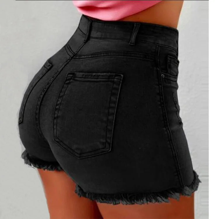 Shorts con decoración elegante para Mujer, Pantalones cortos vaqueros, Vaqueros ajustados de cintura alta con bolsillos y cremallera, borla azul, ropa de calle ligera elástica, ceñido Sexy 2025