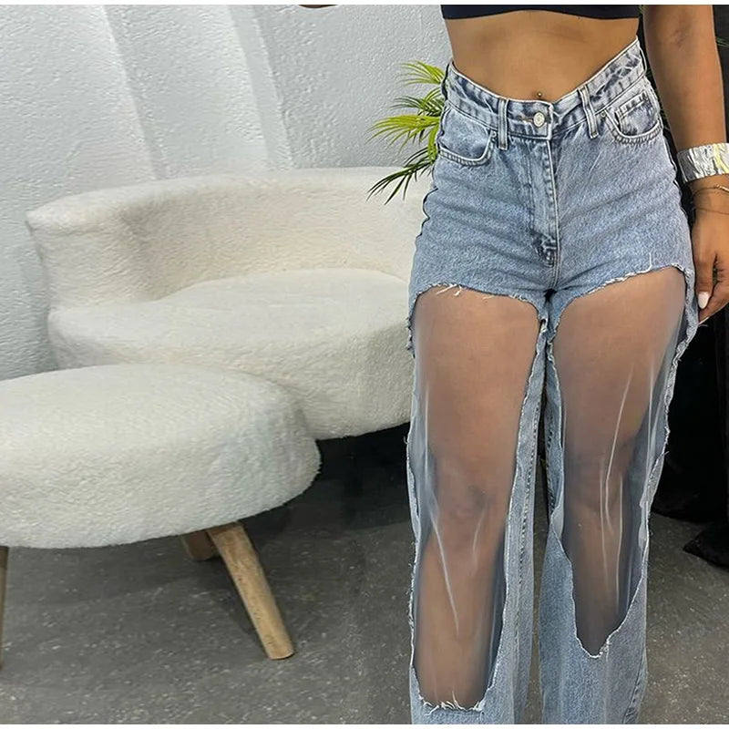 Pantalon vaquero de diseñador para mujer, pantalones vaqueros con paneles hasta la rodilla de malla transparente, pantalones de calle de cintura alta desgastados estilo Hip Hop