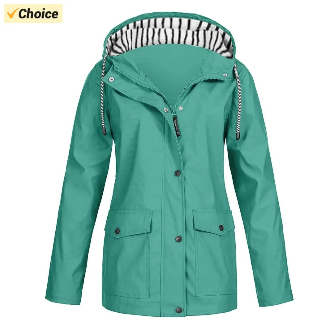 Chaqueta impermeable para mujer, gabardinas largas con capucha, cortavientos forrado, chaqueta de viaje, chaqueta de lluvia a rayas sólidas para exteriores