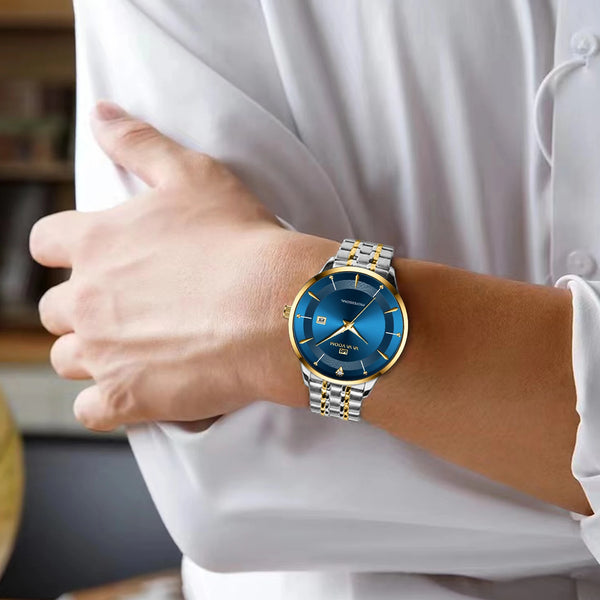 Nuevo reloj para hombre de acero inoxidable estilo de negocios de lujo con diamantes de imitación 43mm reloj de pulsera con movimiento de cuarzo de oro azul