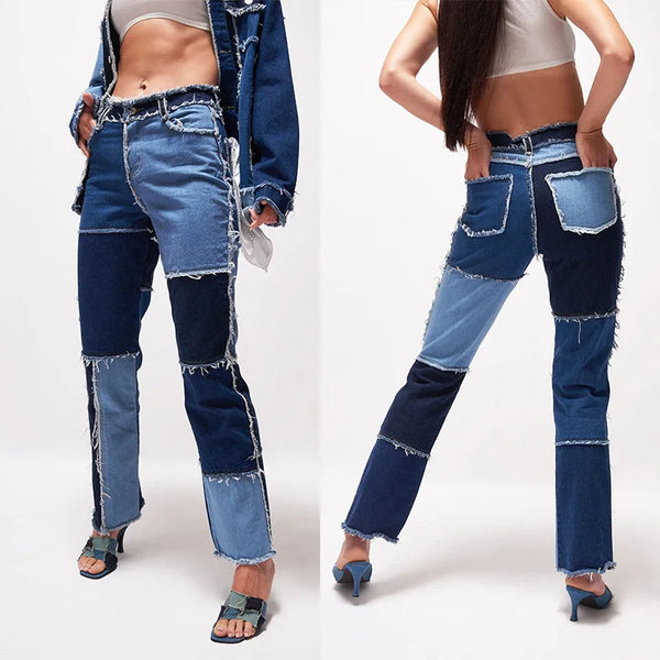 Pantalon jean de retazos de colores variados para mujer, vaqueros rectos de alta elasticidad a la moda, pantalones Hipster de calle