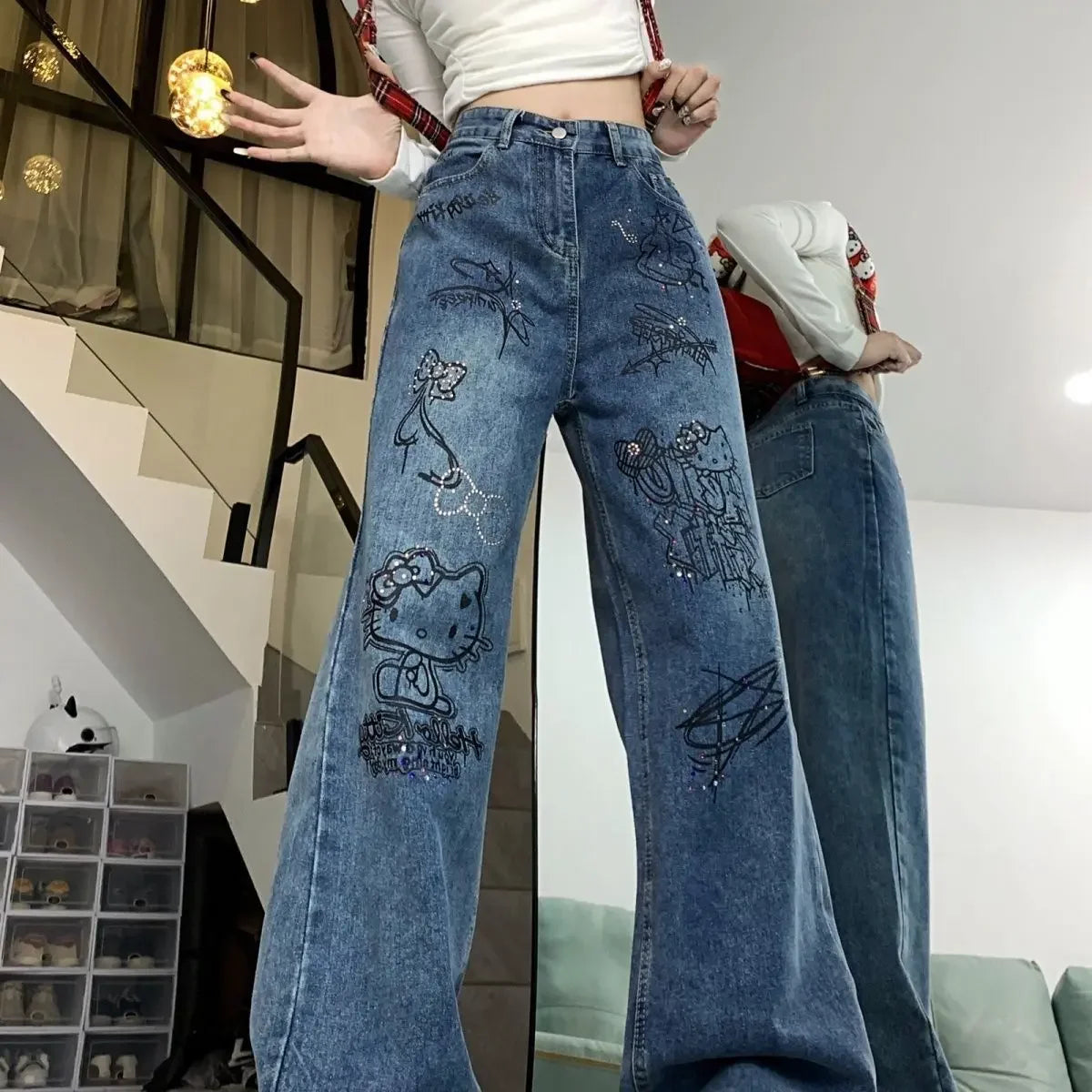Pantalones vaqueros ajustados con diseño de grafiti azul lavado para mujer, pantalones informales con efecto adelgazante, a la moda