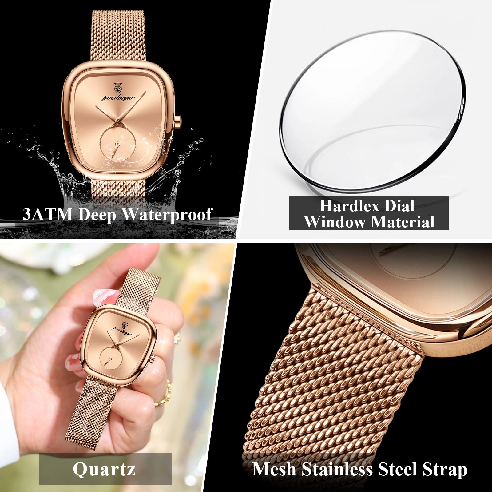 POEDAGAR, Reloj elegante de lujo a la moda para mujer, Reloj resistente al agua para mujer, relojes de cuarzo de acero inoxidable de malla para mujer, Reloj femenino