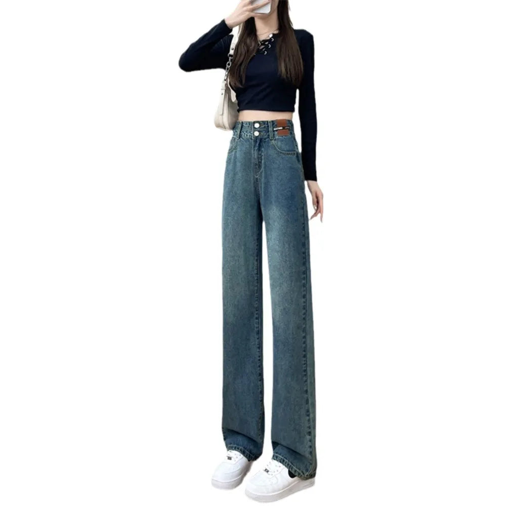 Pantalones vaqueros holgados Vintage para mujer, pantalon a la moda lisos de cintura alta