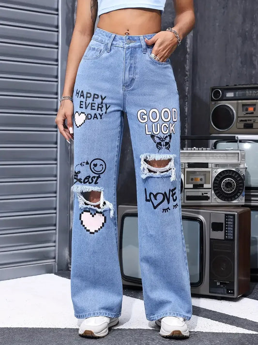 Pantalones vaqueros con estampado de mariposa y botones de cintura alta para mujer, Pantalón recto informal a la moda para mujer, Vaqueros rasgados elegantes para primavera y verano