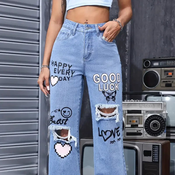 Pantalones vaqueros con estampado de mariposa y botones de cintura alta para mujer, Pantalón recto informal a la moda para mujer, Vaqueros rasgados elegantes para primavera y verano