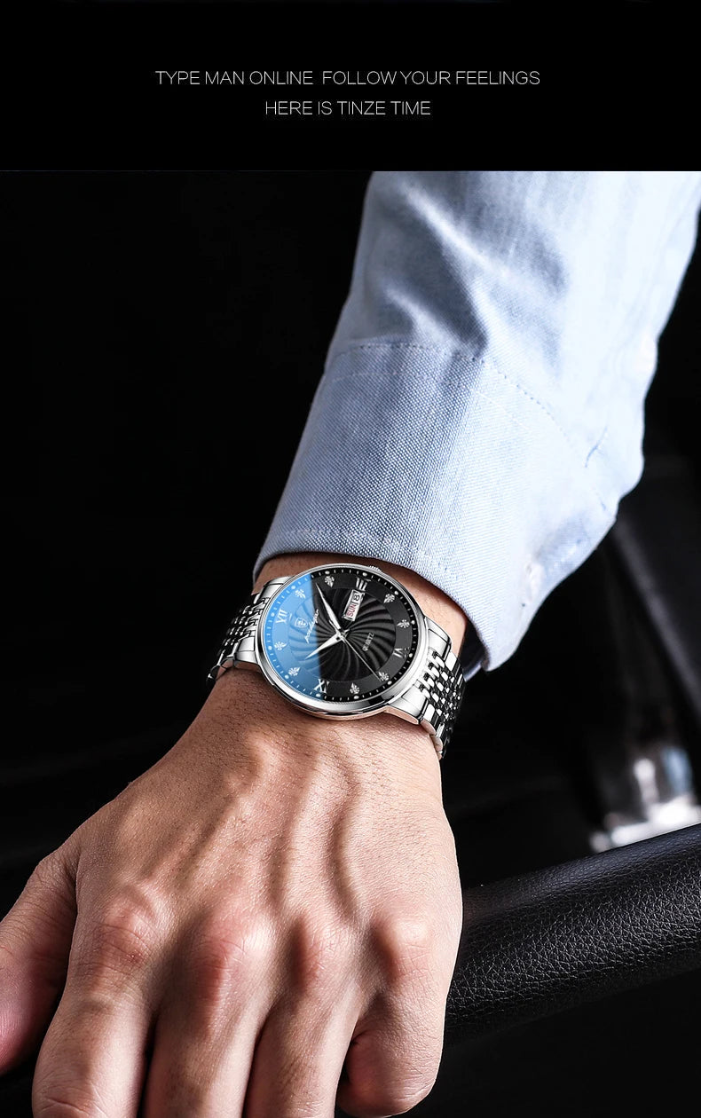 Reloj de lujo para hombre, reloj de pulsera de cuarzo resistente al agua con fecha luminosa y semana, reloj deportivo de moda de acero inoxidable para hombre