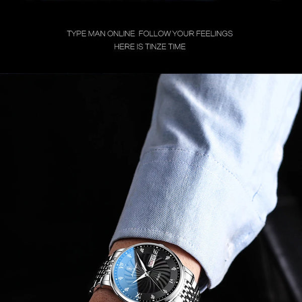 Reloj de lujo para hombre, reloj de pulsera de cuarzo resistente al agua con fecha luminosa y semana, reloj deportivo de moda de acero inoxidable para hombre