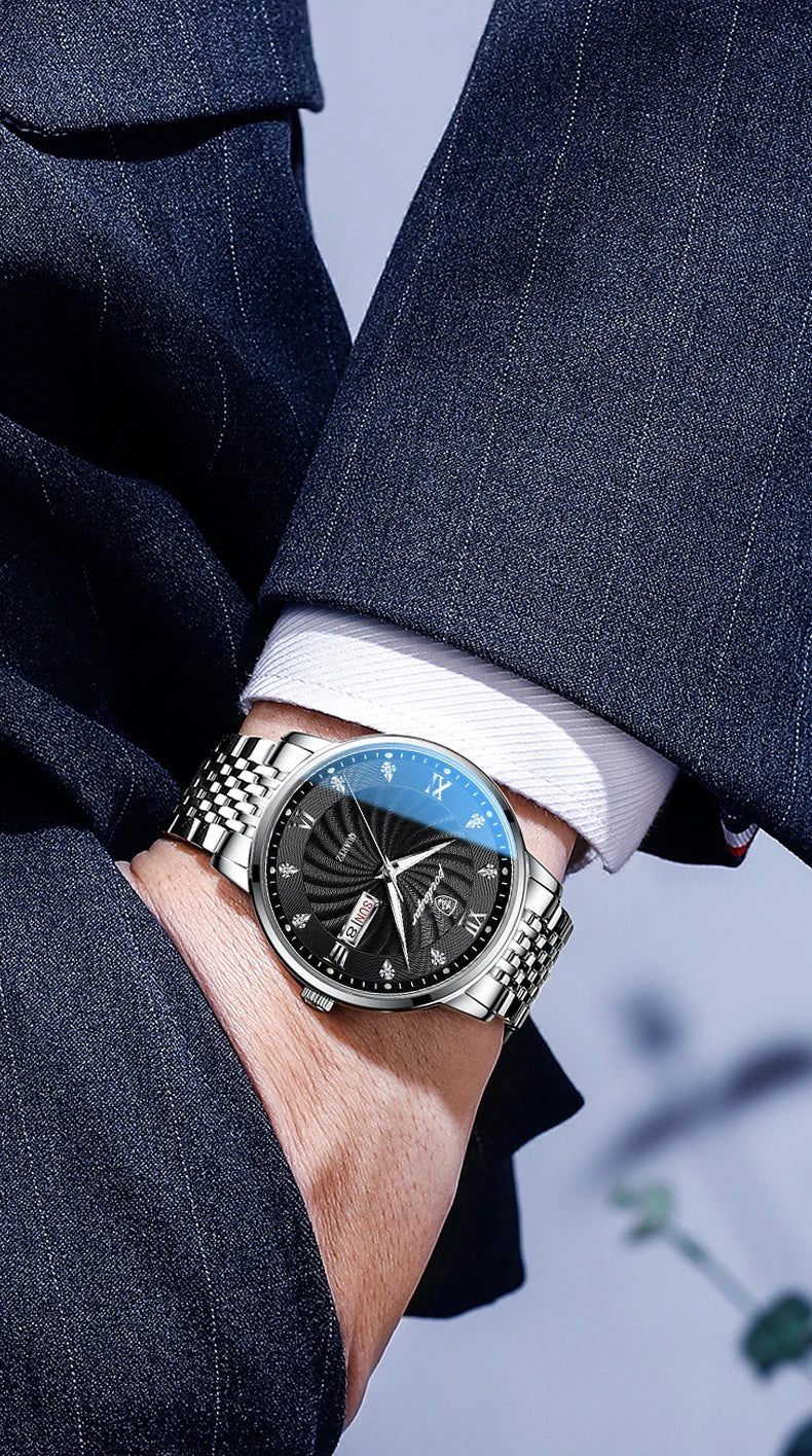 Reloj de lujo para hombre, reloj de pulsera de cuarzo resistente al agua con fecha luminosa y semana, reloj deportivo de moda de acero inoxidable para hombre