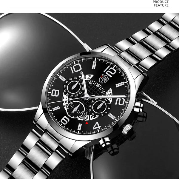 Conjunto de relojes de pulsera para hombre, 2 uds., deportivo de lujo, de cuarzo, de acero inoxidable y plateado, informal, de negocios