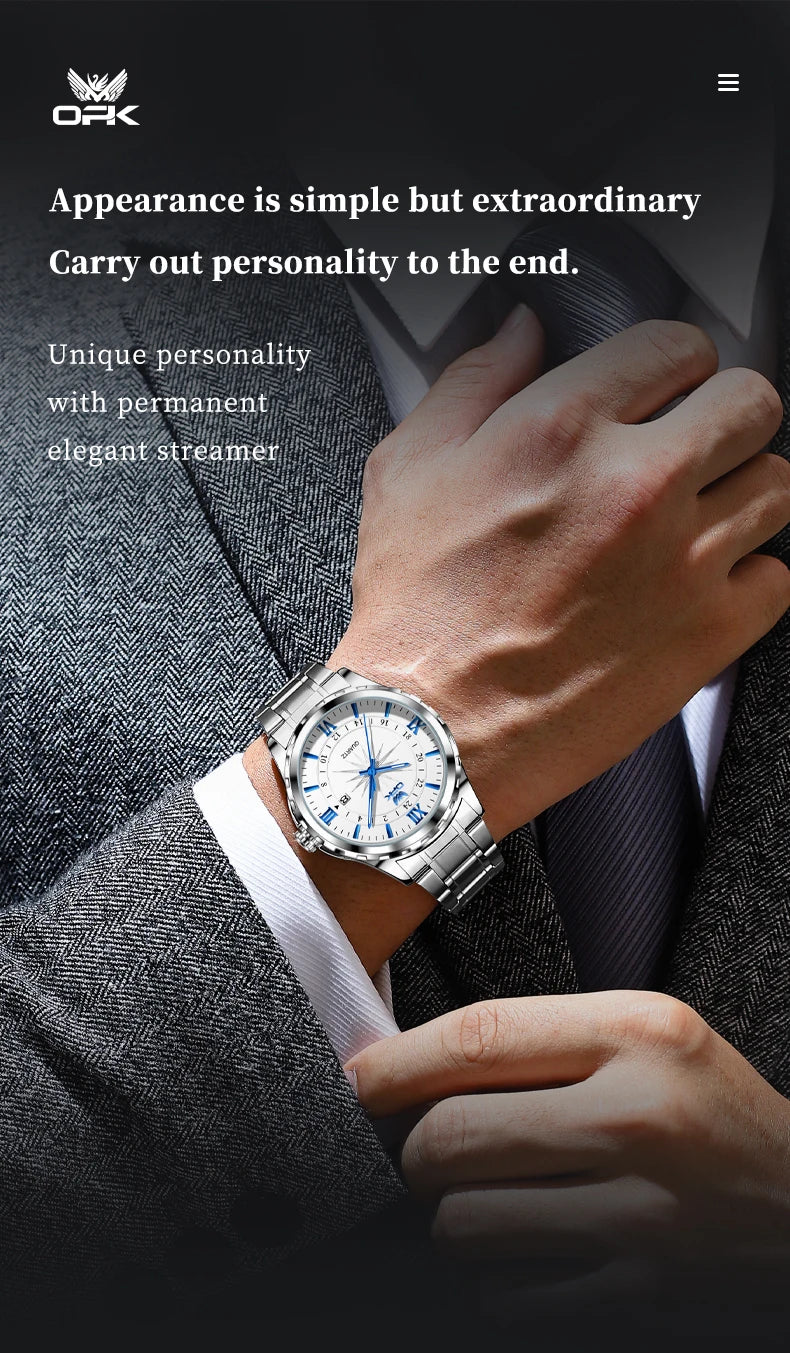 Reloj de cuarzo para hombre con doble calendario y correa de acero marca OPK