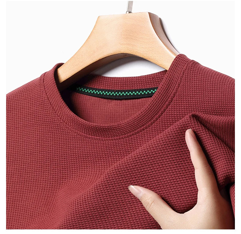 Nueva camiseta de manga corta con cuello redondo y gofres de verano para hombre, Top de manga corta