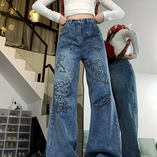 Pantalones vaqueros ajustados con diseño de grafiti azul lavado para mujer, pantalones informales con efecto adelgazante, a la moda