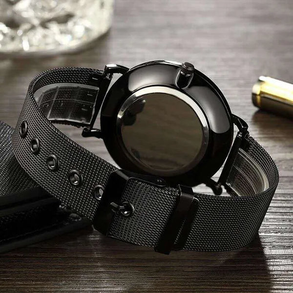 Relojes negros de negocios a la moda para hombre, reloj de pulsera de cuarzo con correa de malla ultrafina de acero inoxidable de lujo para hombre, reloj clásico informal para hombre