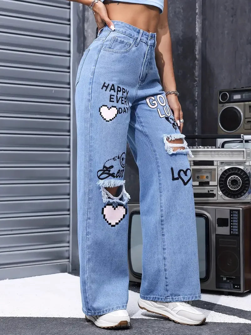 Pantalones vaqueros con estampado de mariposa y botones de cintura alta para mujer, Pantalón recto informal a la moda para mujer, Vaqueros rasgados elegantes para primavera y verano